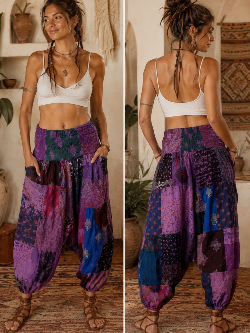 Patchwork hippie festival Pants Cotton Boho Festival L/XL Tribe Azure